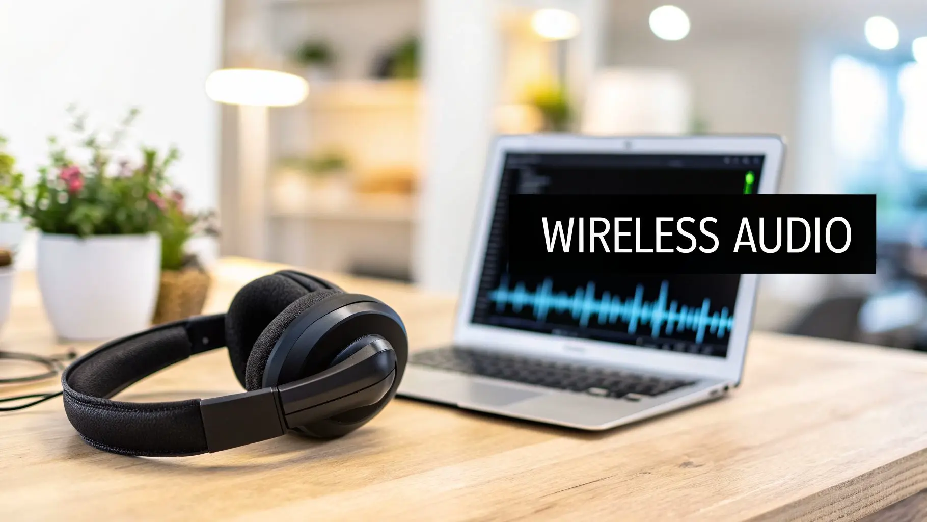 Black wireless headphones rest on a wooden desk next to a laptop showing 'WIRELESS AUDIO' and a sound waveform.