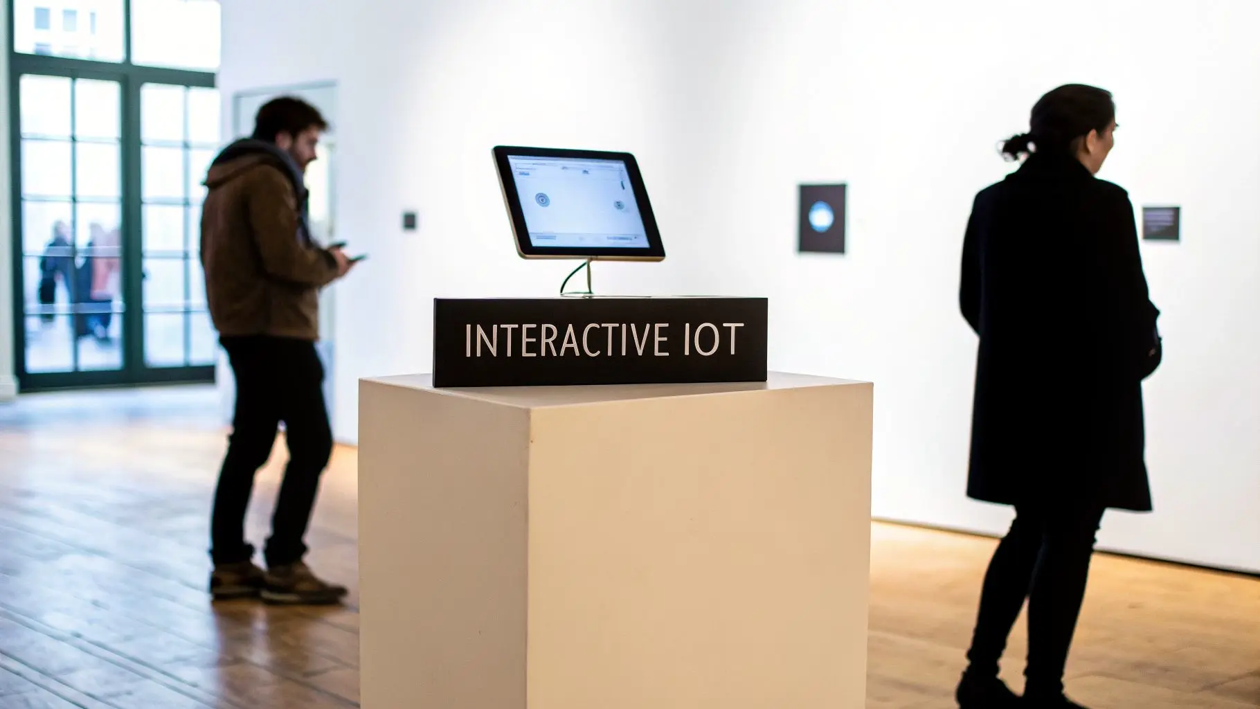 An interactive IOT exhibit featuring a tablet on a pedestal, with visitors in an art gallery.