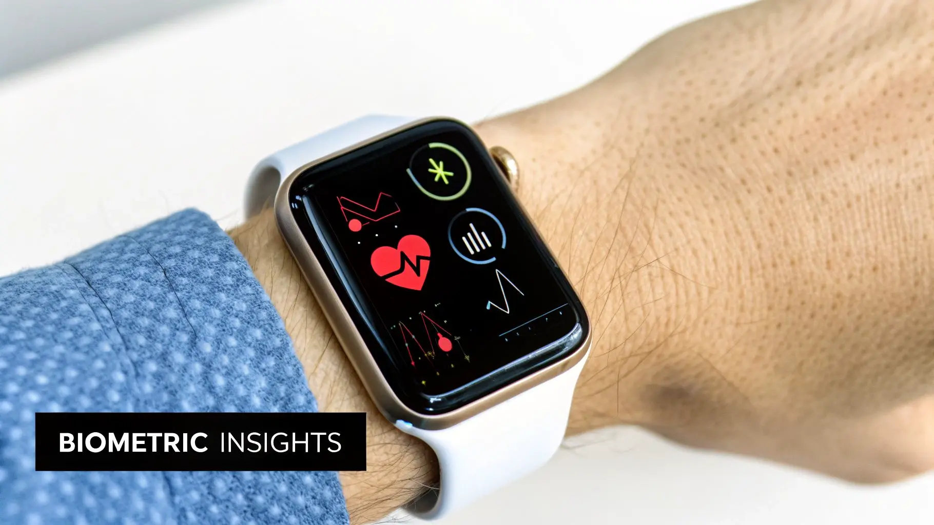 A close-up of a smartwatch on a wrist displaying various biometric health insights and heart rate.