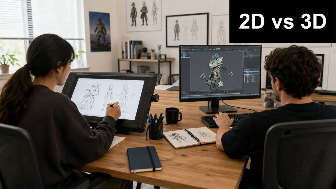 A female artist sketching on a drawing tablet while a male designer works on a 3D model.