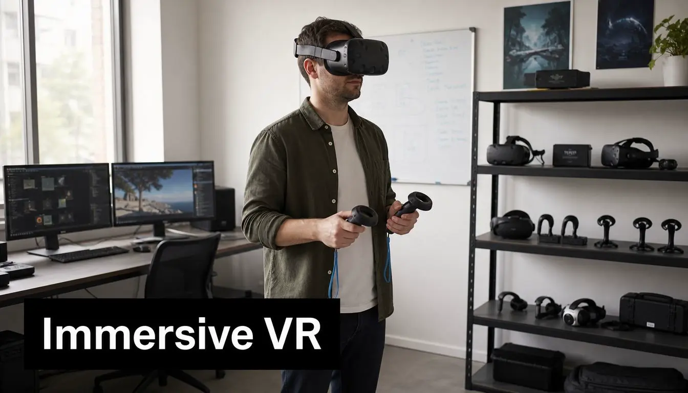 A person standing in an office environment while wearing a virtual reality headset and holding controllers.