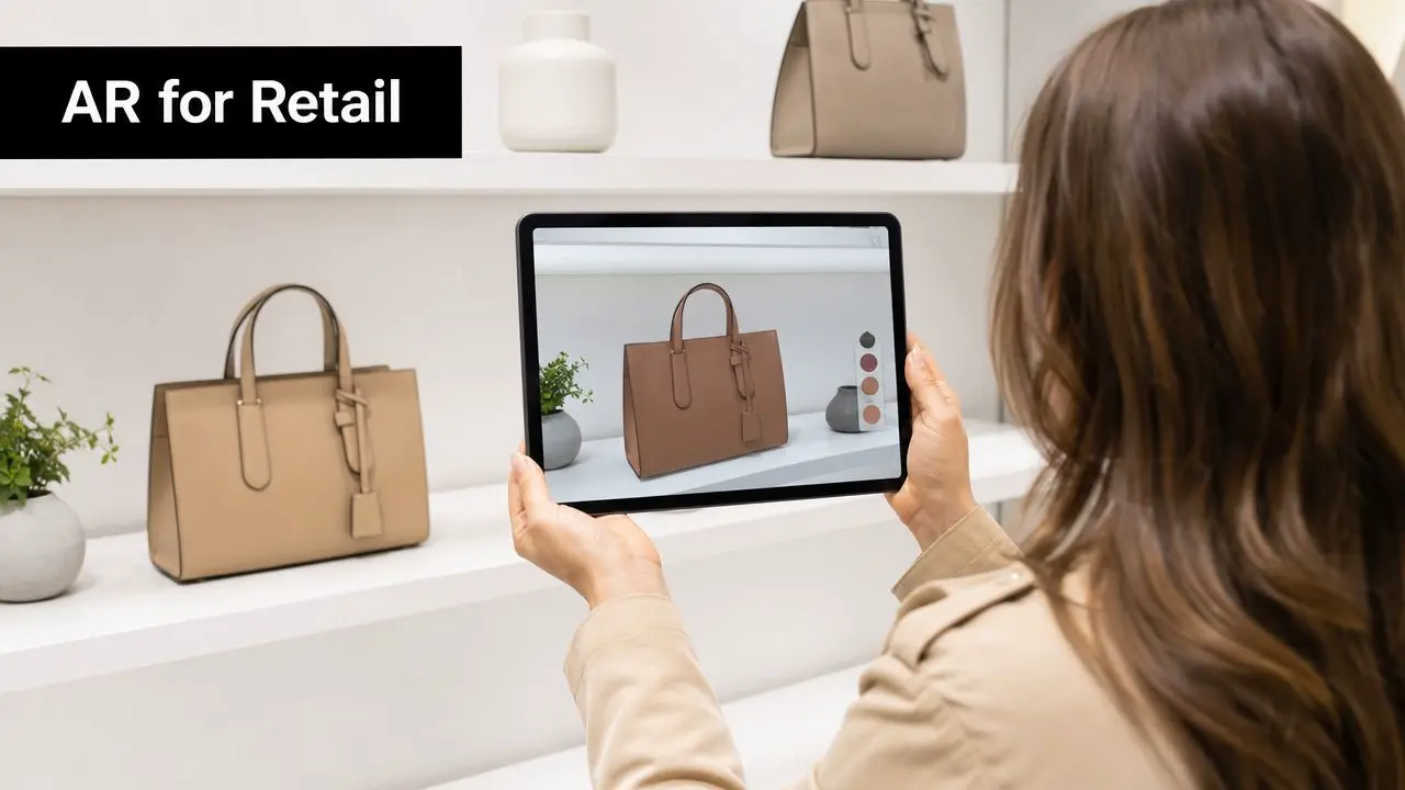 A woman using a tablet for augmented reality shopping to view a handbag in a store.