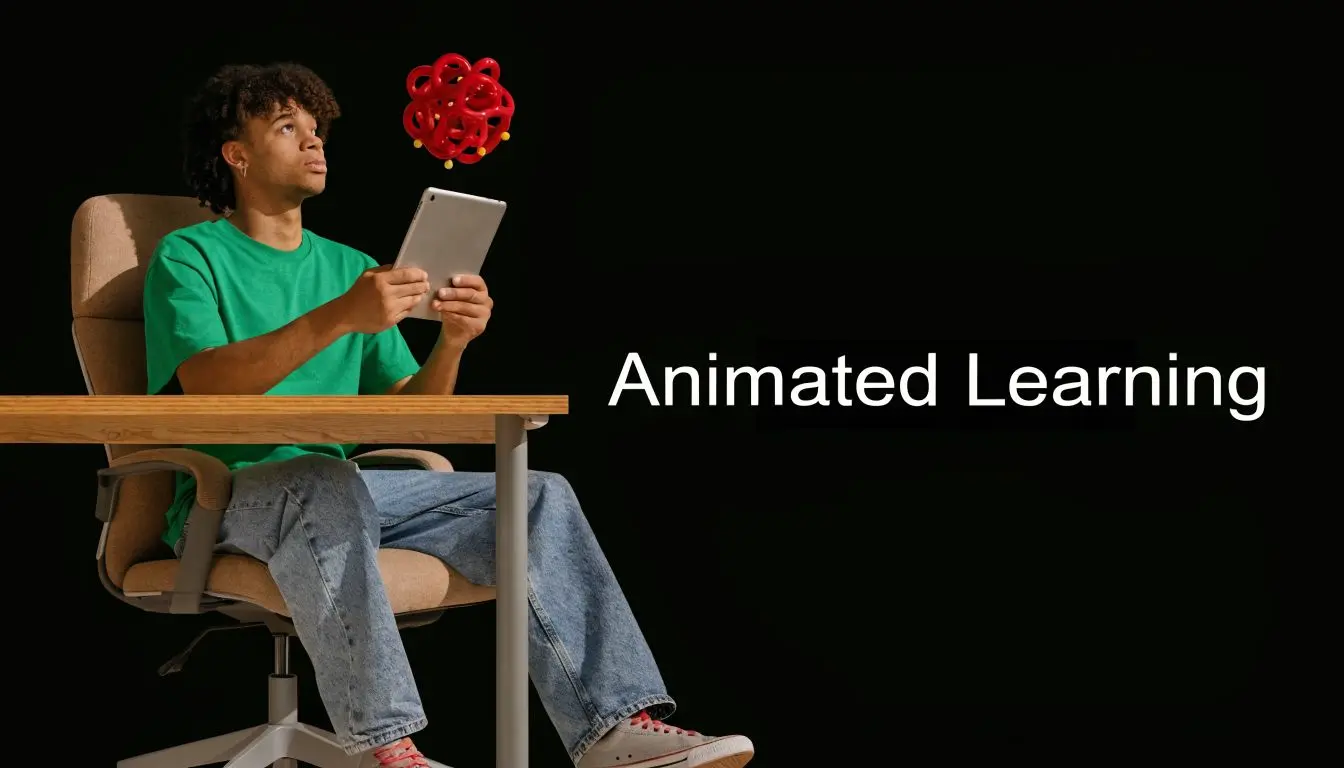 A young man sitting at a desk looking up at a floating red abstract shape while holding a tablet.