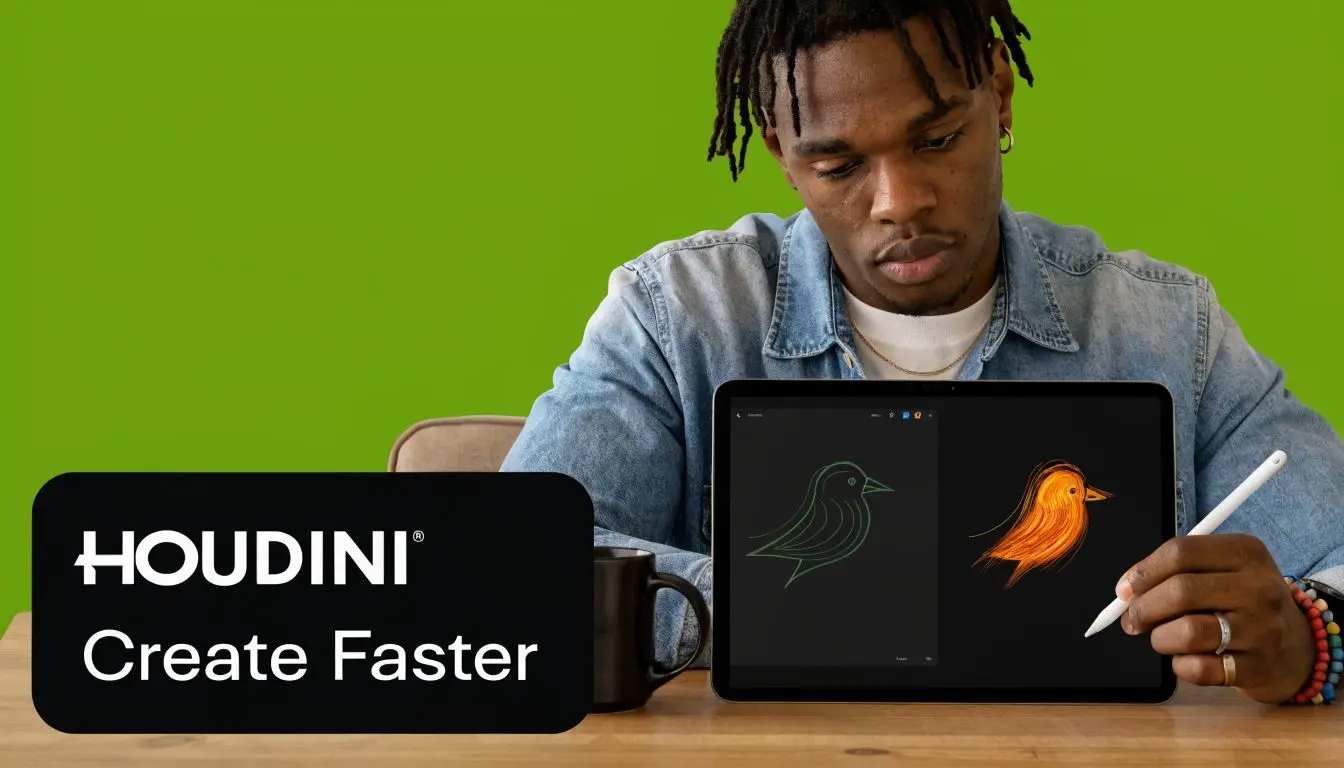 A creative young man using a stylus to draw digital bird illustrations on a tablet screen.