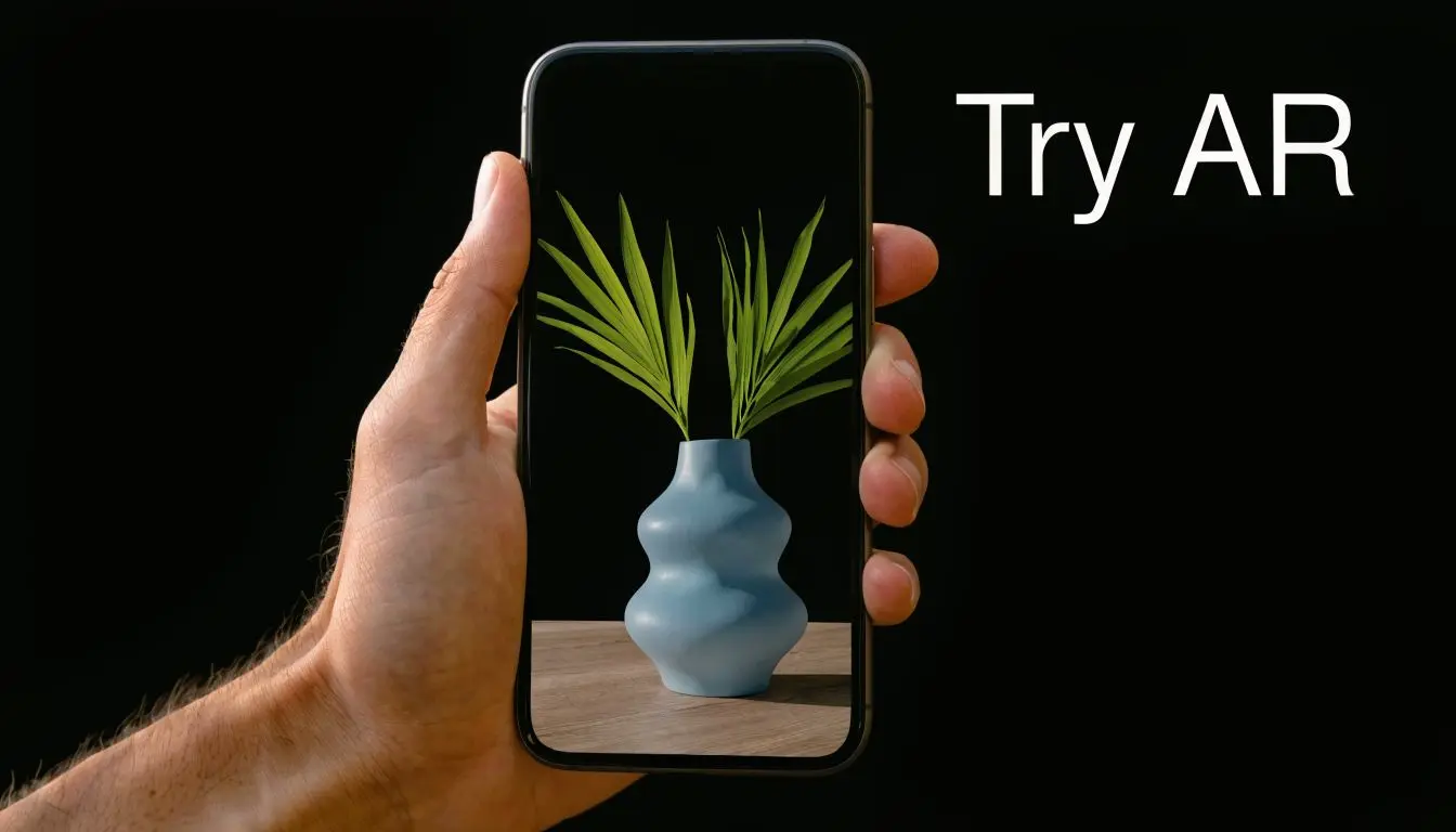 A hand holding a smartphone displaying an augmented reality view of a blue vase with leaves.