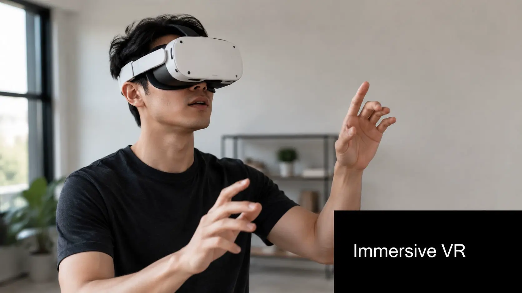 A young man wearing a white virtual reality headset while interacting with a digital interface.