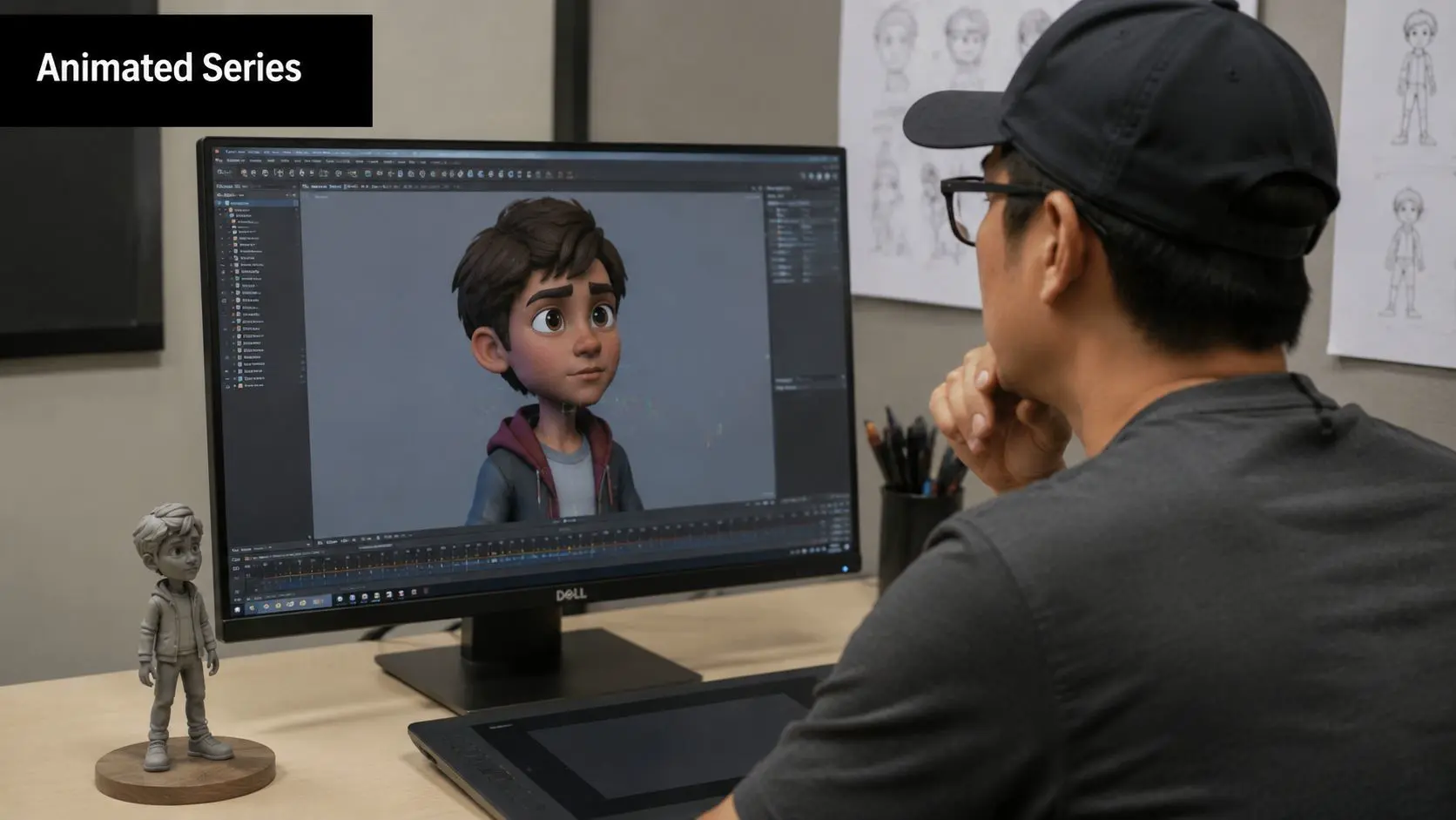 An animator working on a 3D character model on a computer screen in a studio.