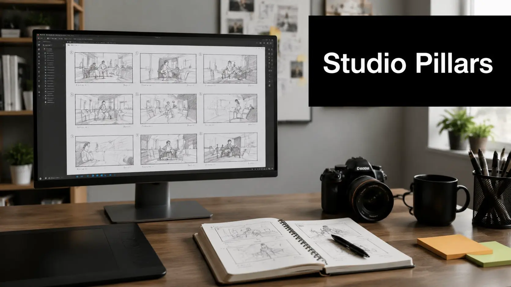A professional digital artist workspace featuring a computer monitor displaying storyboards, a camera, and a sketchbook.