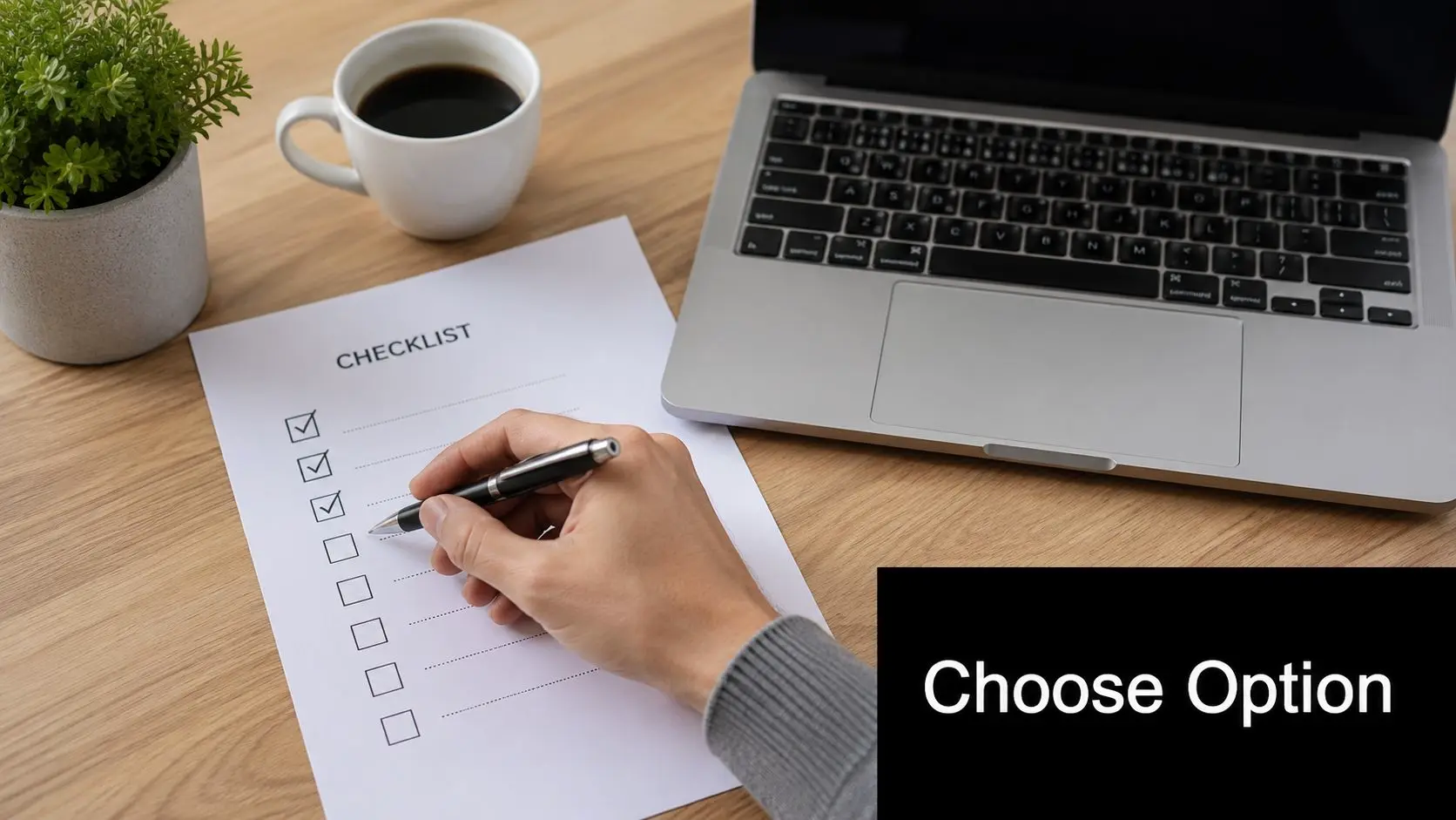 A person is using a black pen to mark a checkbox on a printed checklist at a desk.