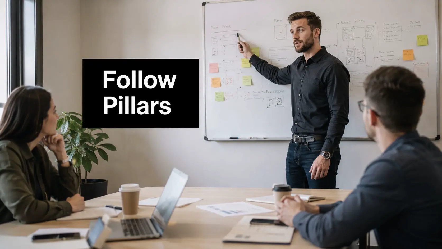 A professional man leads a strategy meeting by presenting diagrams and notes on a large whiteboard.