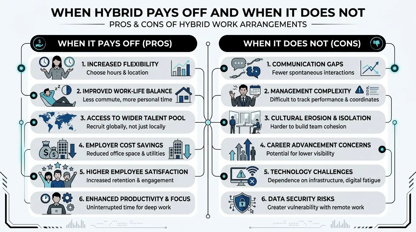 A professional infographic comparing the pros and cons of hybrid work arrangements for employees and employers.