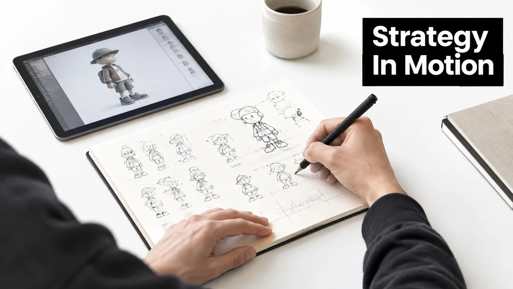 A digital artist sketching cartoon character concepts in a notebook next to a tablet and coffee mug.