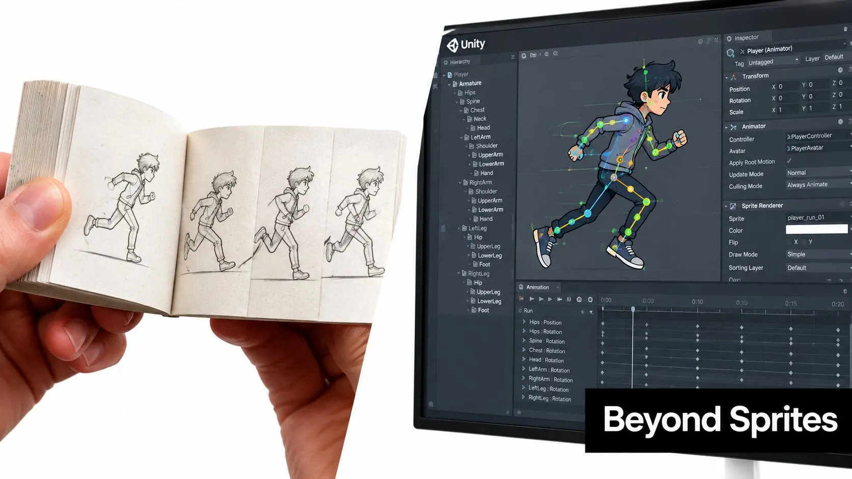 A hand holding a paper flipbook next to a computer monitor displaying 2D character animation in Unity software.