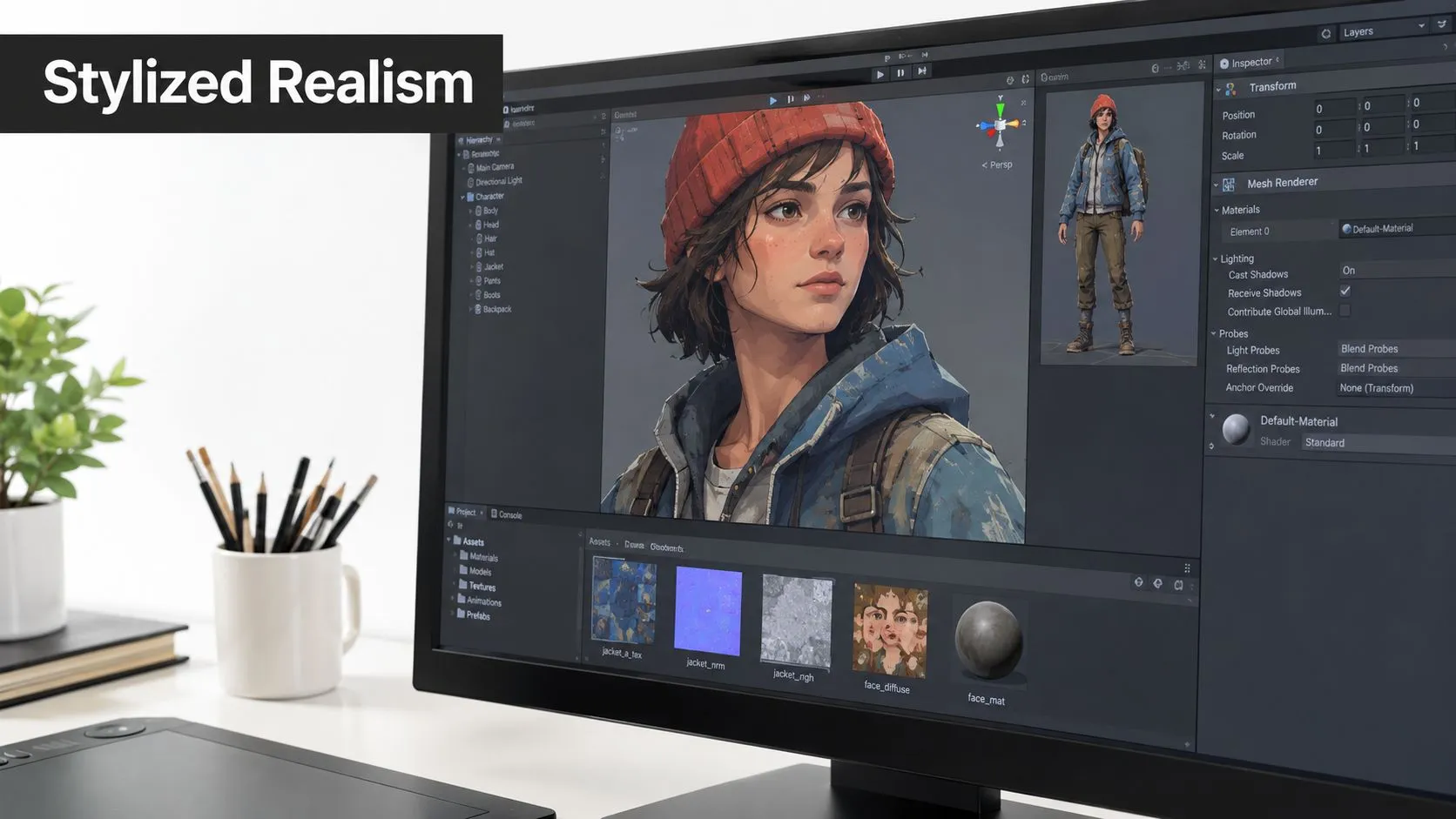 Computer screen displaying a 3D character design project in Unity software with stylized realism artwork.