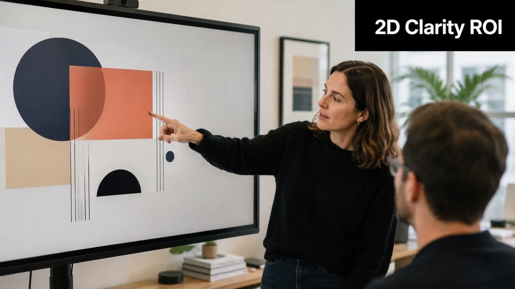 A professional woman explaining abstract geometric design concepts to a colleague in a modern office workspace.