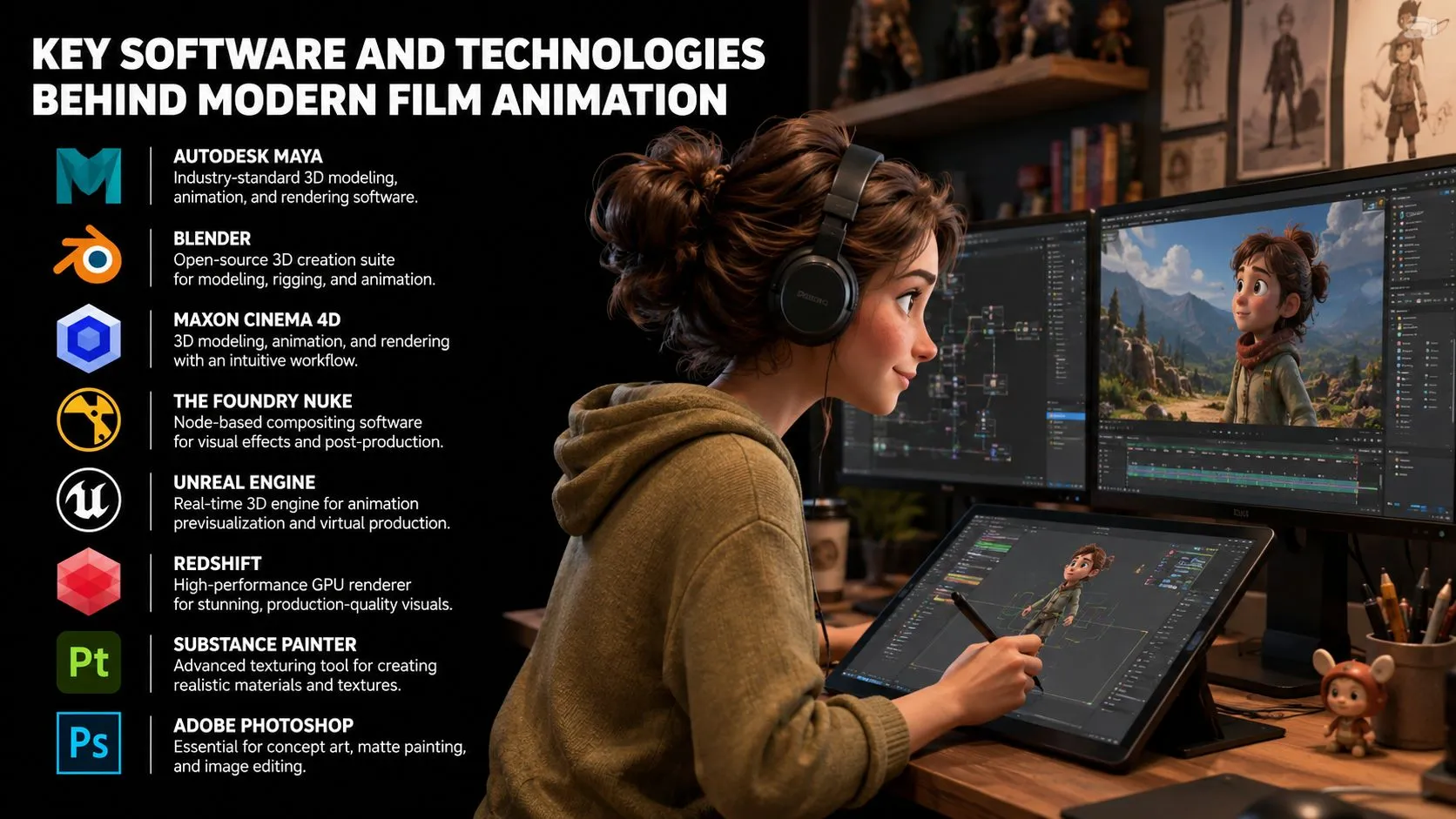 A female animator works on a 3D character design at a desk with professional animation software tools.