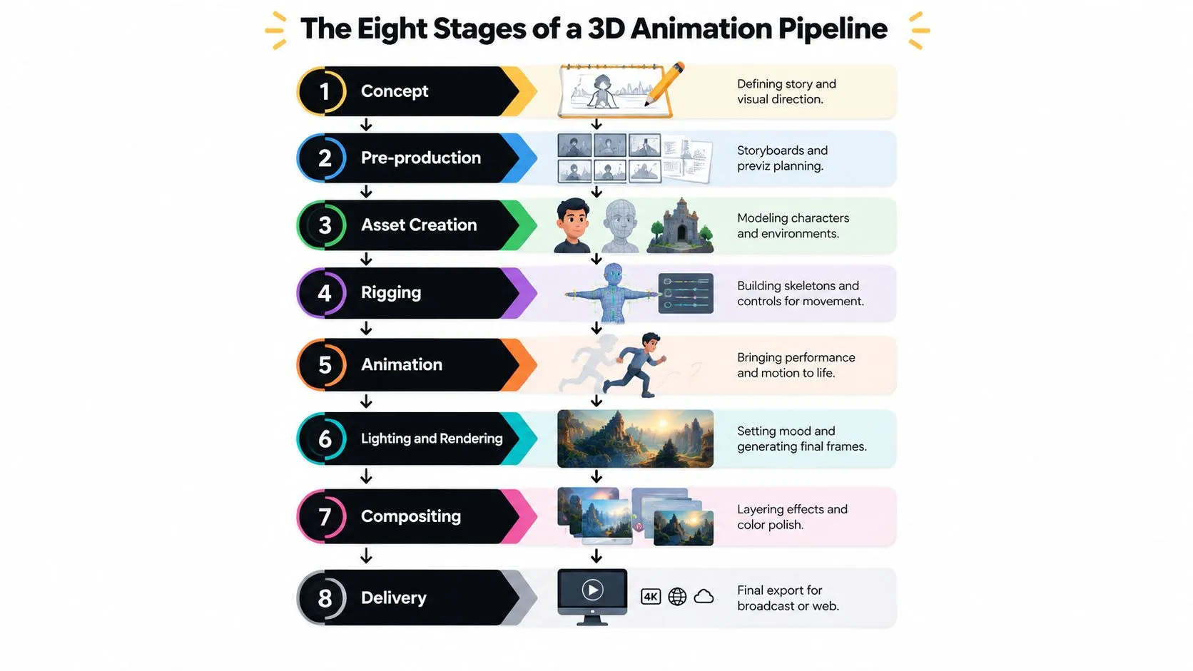 A diagram outlining the eight stages of a 3D animation production pipeline from concept to delivery.