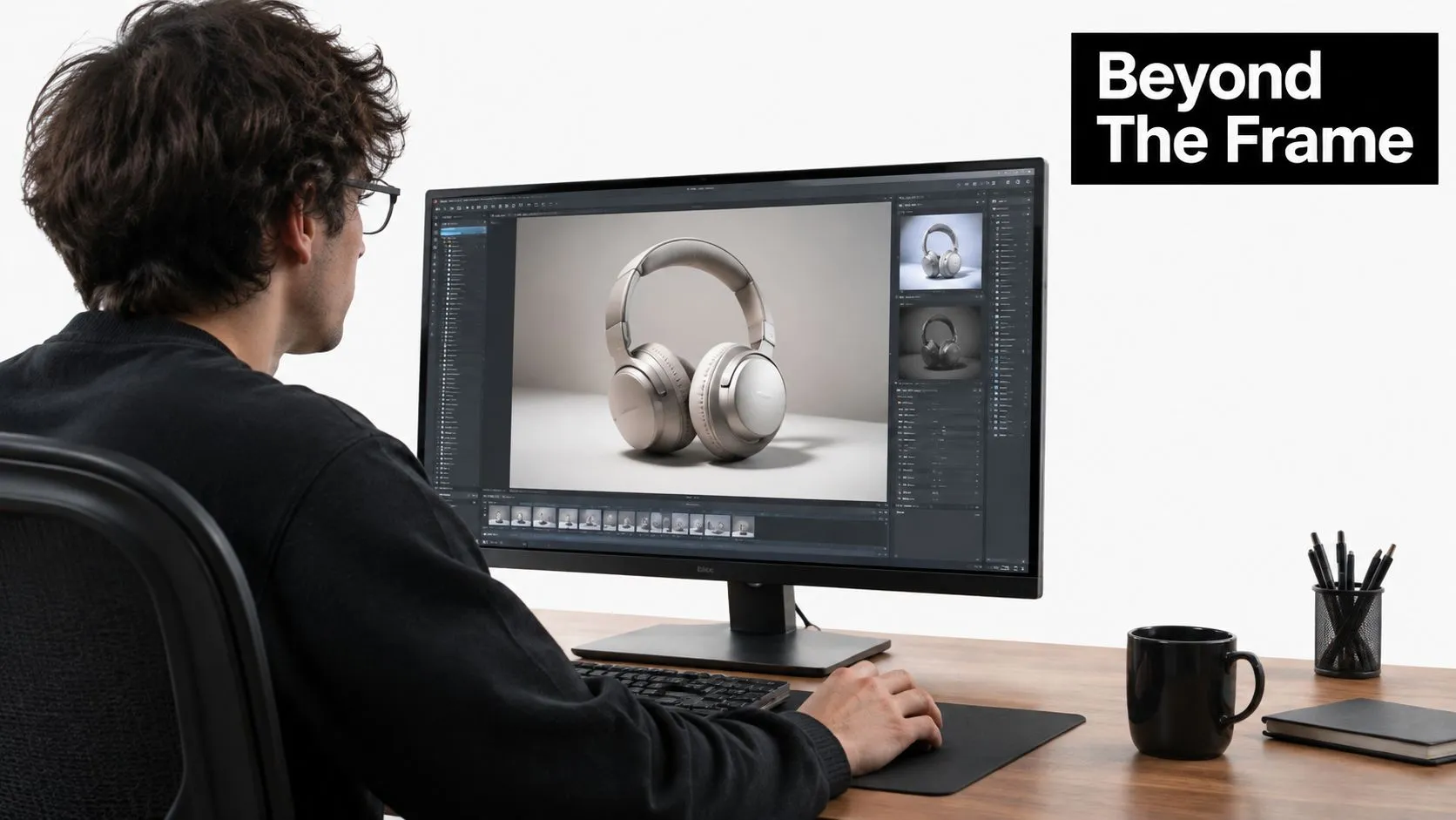 A 3D artist working on headphone animation and rendering on a large computer monitor in an office.