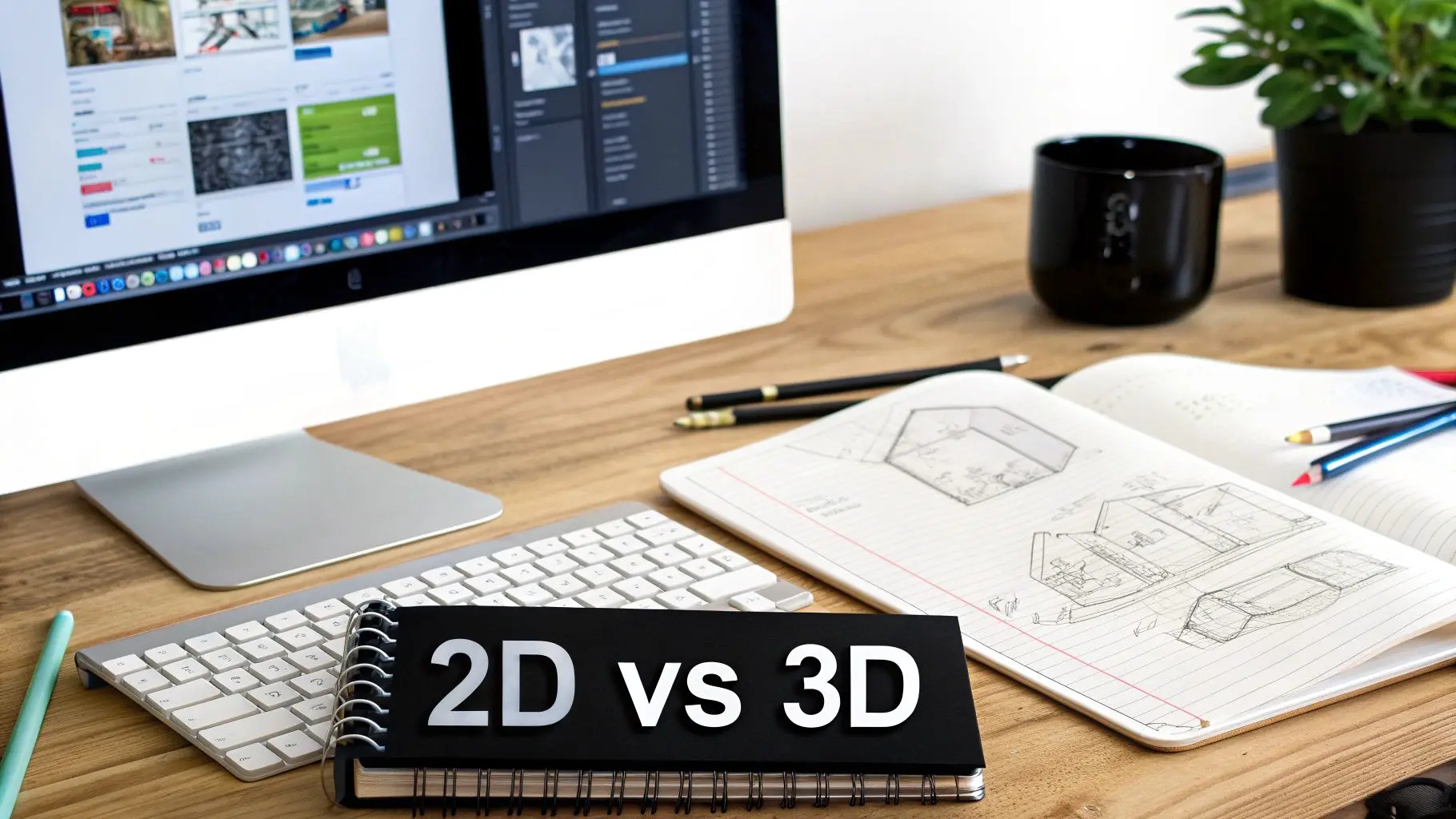 Two animators collaborating at a desk with multiple monitors, showing 2D and 3D character designs.