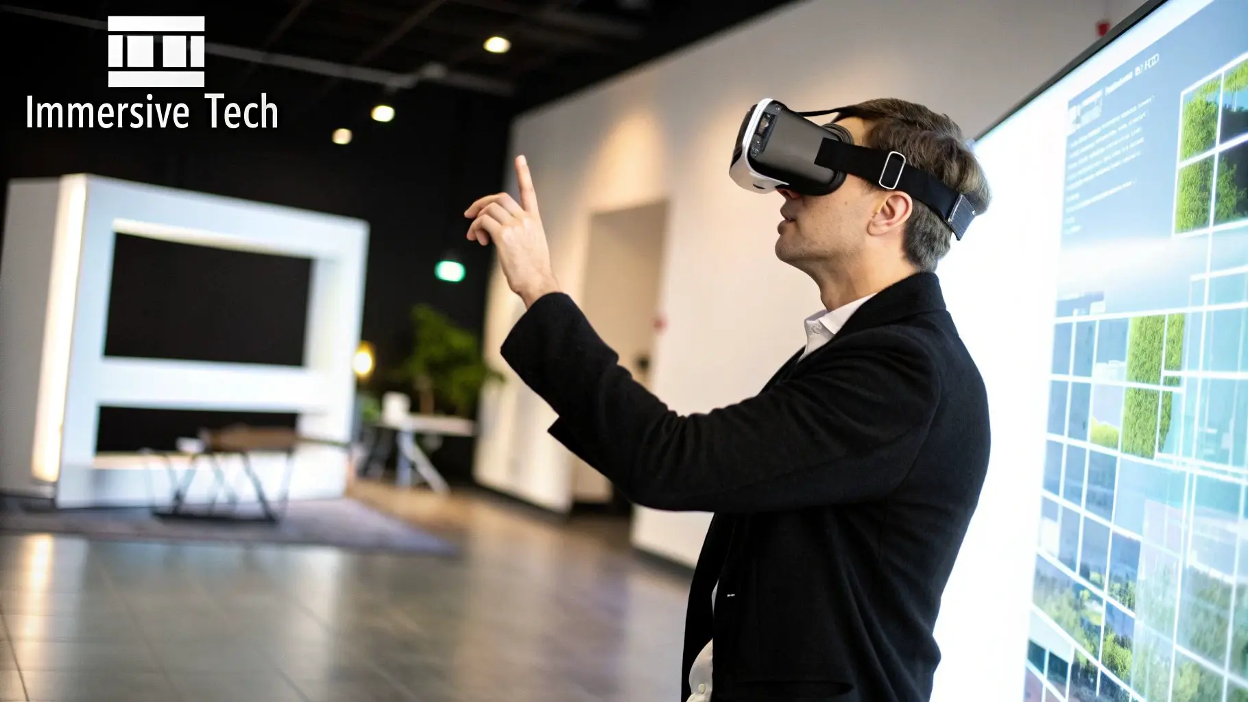 A person wearing a VR headset and interacting with a floating digital interface in a modern studio.