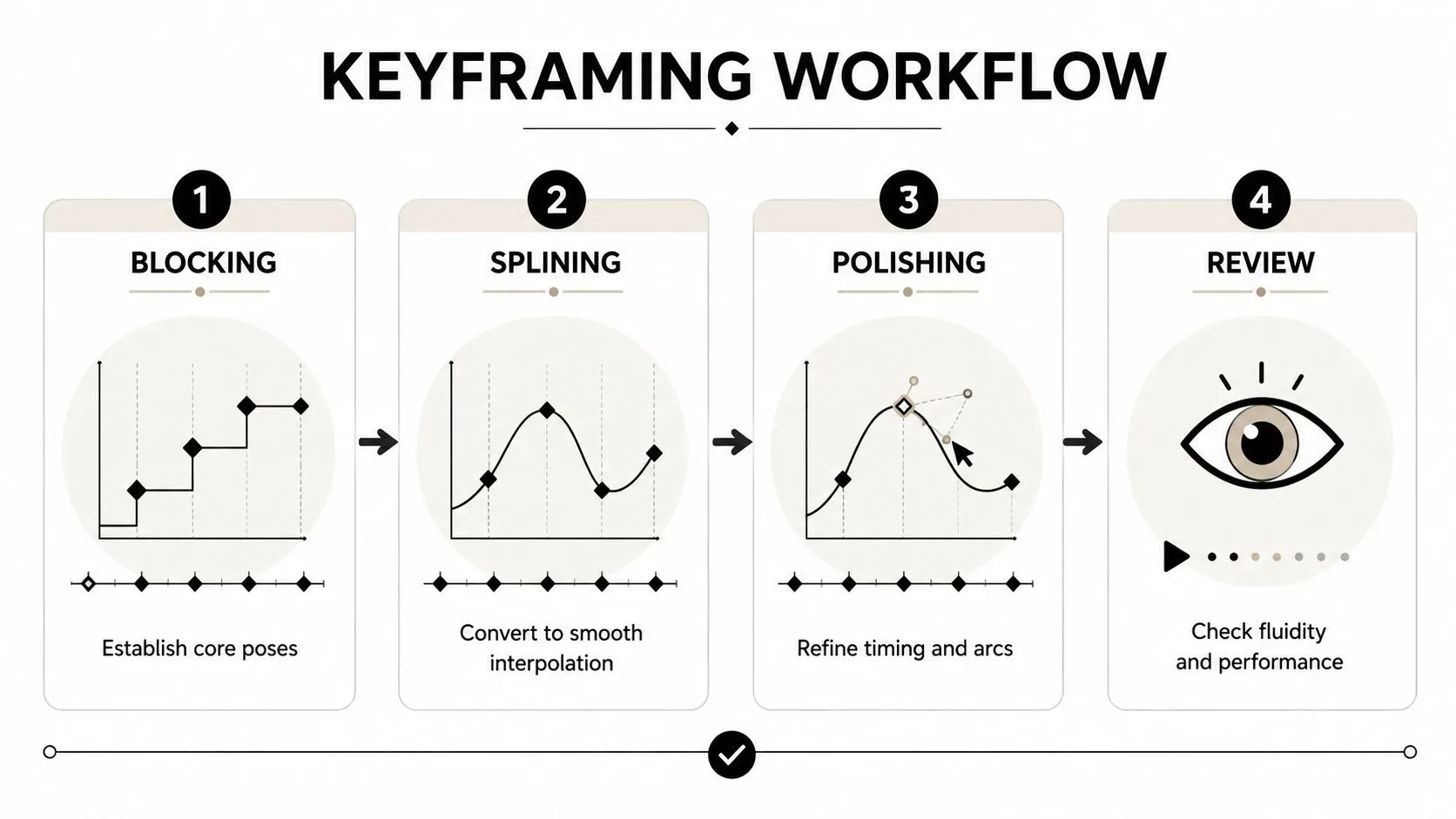 An infographic showing the four stages of the 3D animation keyframing workflow: blocking, splining, polishing, and review.