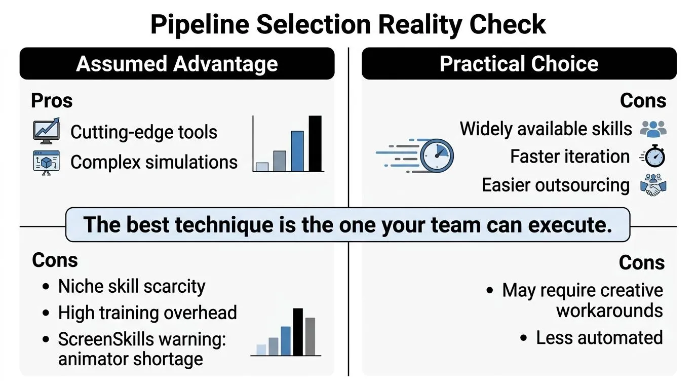 A diagram comparing the advantages and practical choices when selecting 3D animation production pipelines for teams.