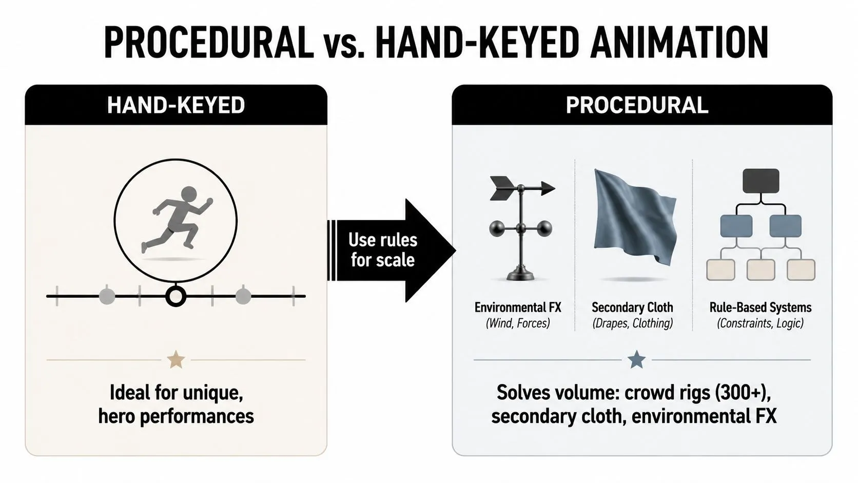 A comparison chart explaining the differences between hand-keyed animation and procedural animation techniques in 3D production.