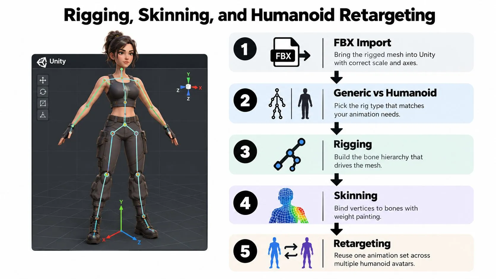 A diagram outlining the five-step process of rigging, skinning, and humanoid retargeting for 3D character models in Unity.