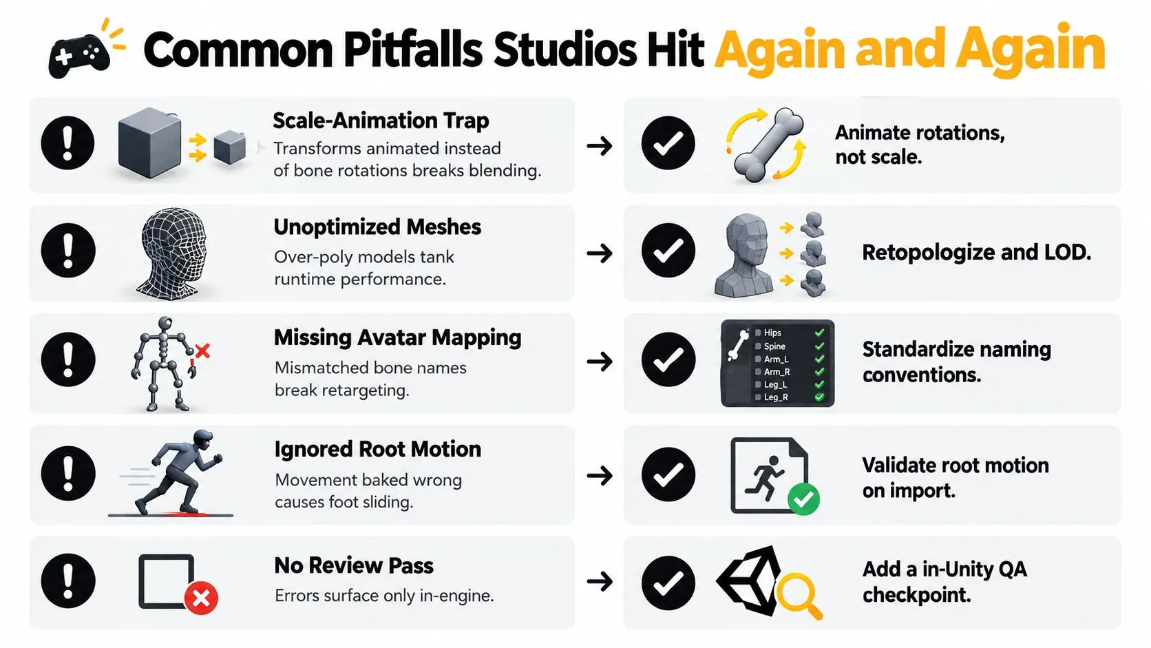 A checklist infographic illustrating common 3D animation pitfalls in Unity development and their corresponding best practice solutions.