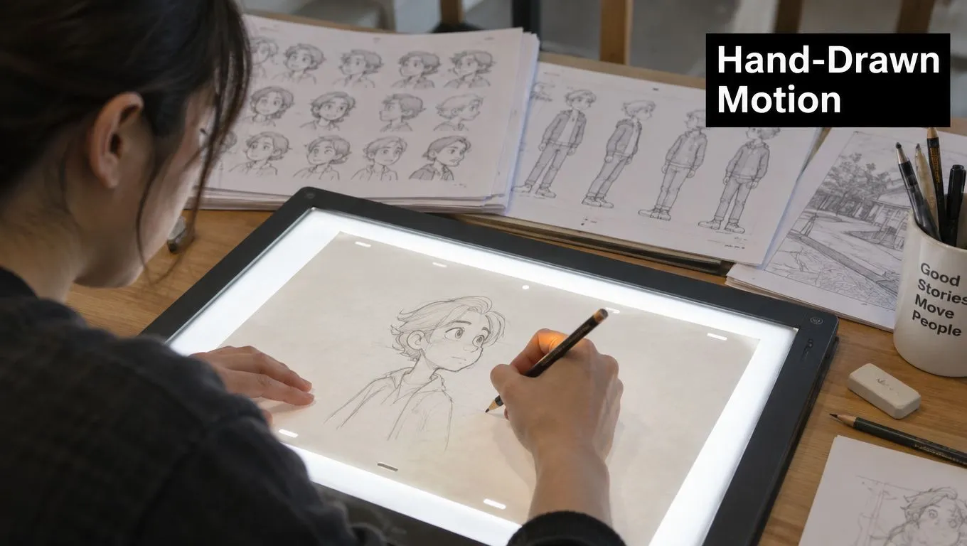 A female artist working on a 2D hand-drawn character design on a lit animation desk.