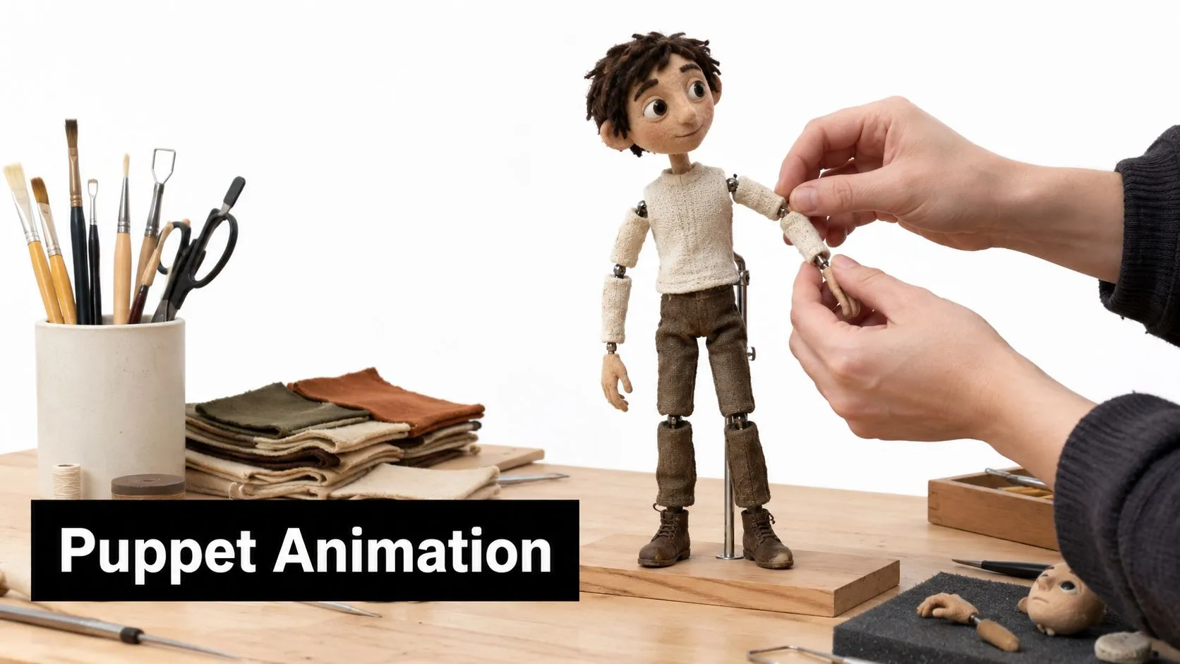 A stop motion animator adjusts the joints of a handcrafted puppet figure on a studio workspace.