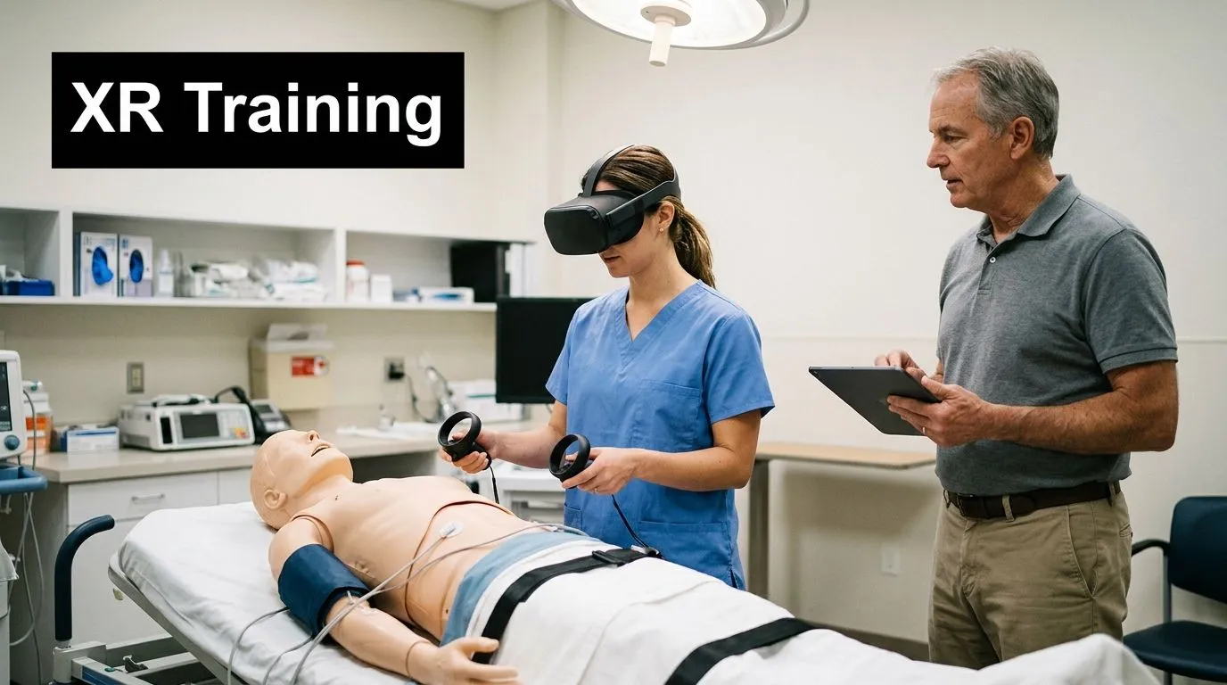 A healthcare trainee using a VR headset for medical simulation training with an instructor standing nearby.