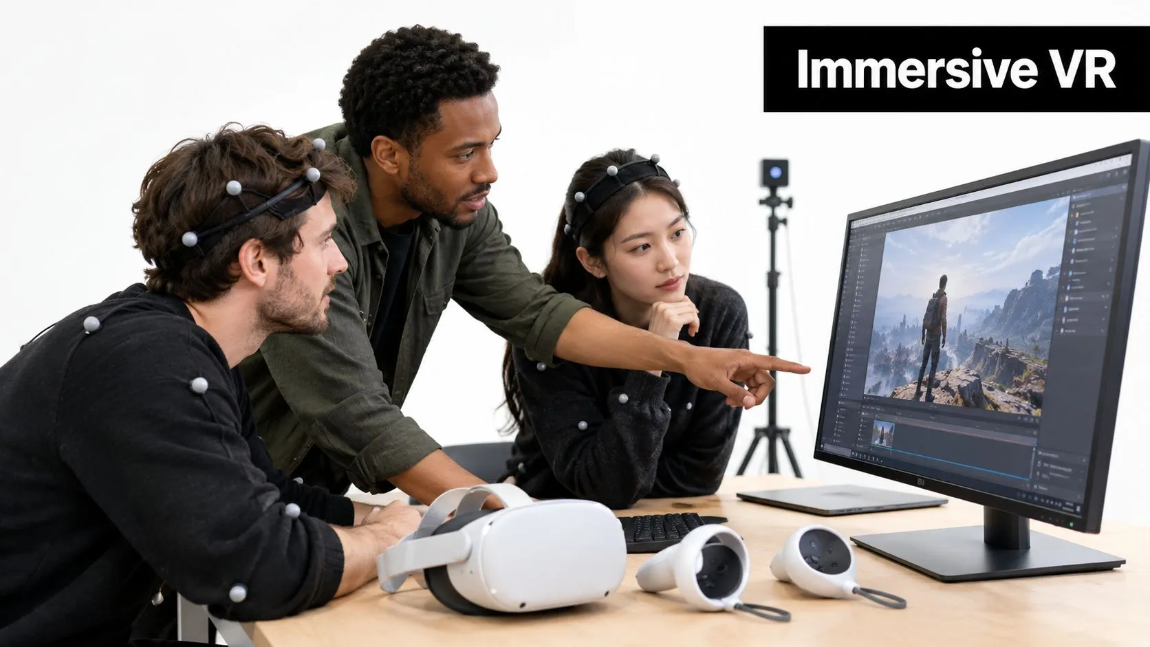 A diverse team of game developers collaborating on a VR project using a large computer monitor.