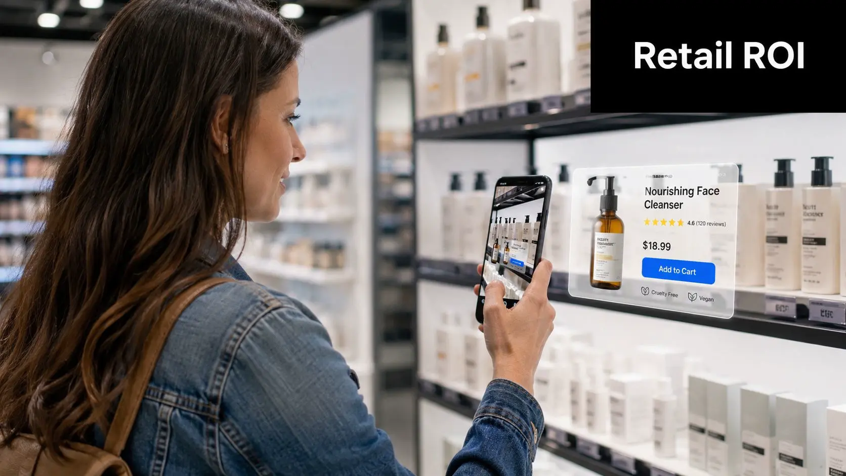 A woman using her smartphone to view augmented reality product information while shopping in a retail store.