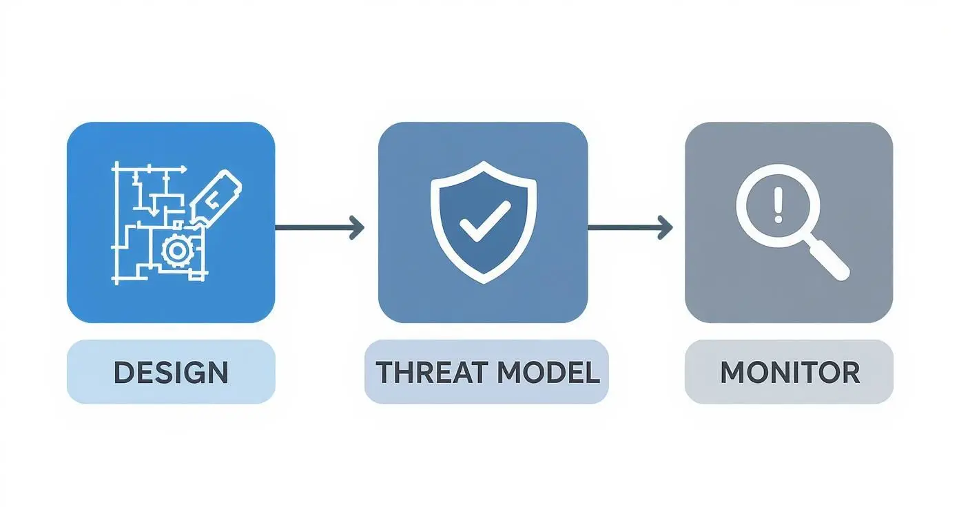 Security workflow diagram showing design, threat model, and monitor phases with blueprint, shield, and magnifying glass icons