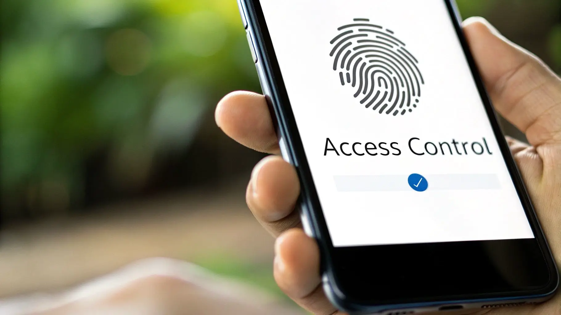 Hand holding smartphone displaying fingerprint biometric access control authentication security interface with blue checkmark confirmation