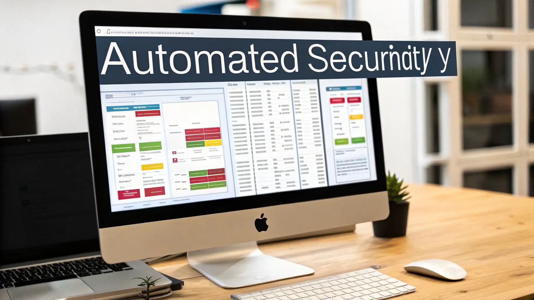 Computer monitor displaying automated security dashboard with color-coded vulnerability assessment charts and data tables