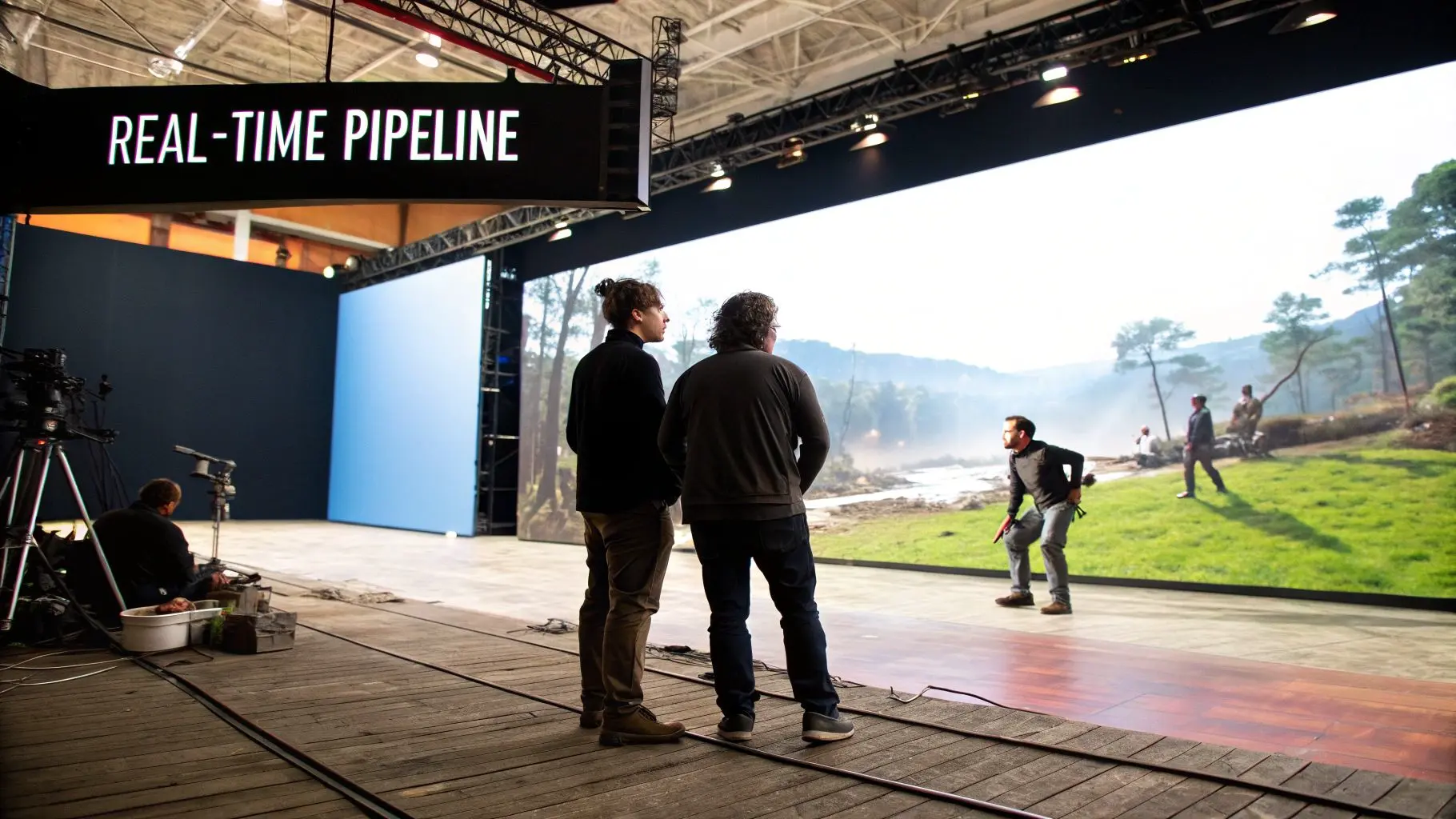 Actors on a virtual production set surrounded by LED walls