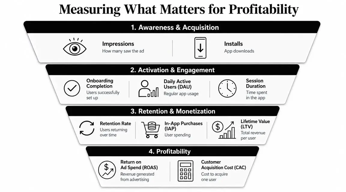 A funnel diagram illustrating key metrics for measuring app profitability, from acquisition to final profitability steps.