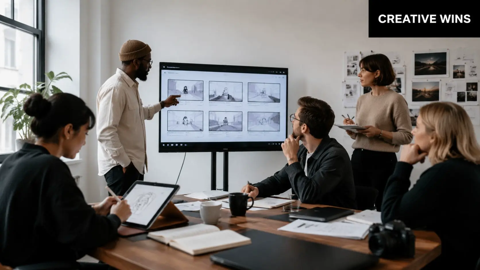 A diverse creative team collaborates on an advertising app project in a modern office meeting room.