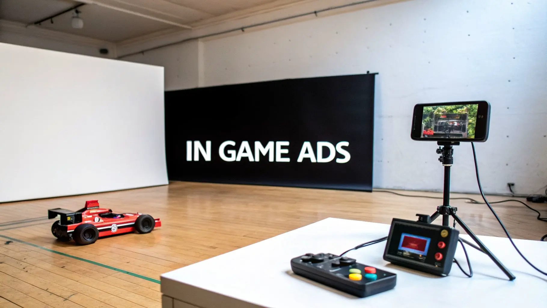 A gaming setup with a red remote-controlled race car, controller, and 'IN GAME ADS' banner.