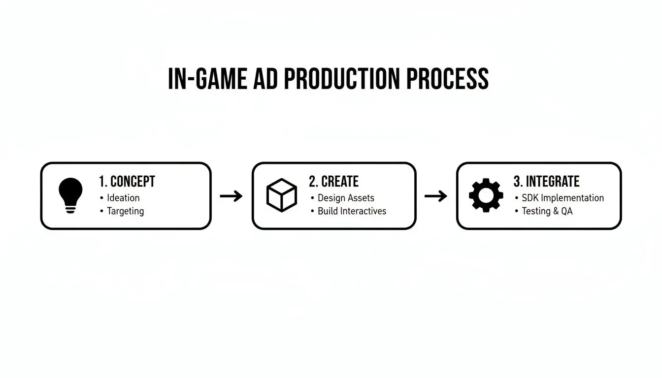 An in-game advertising production process flowchart detailing concept, creation, and integration phases.