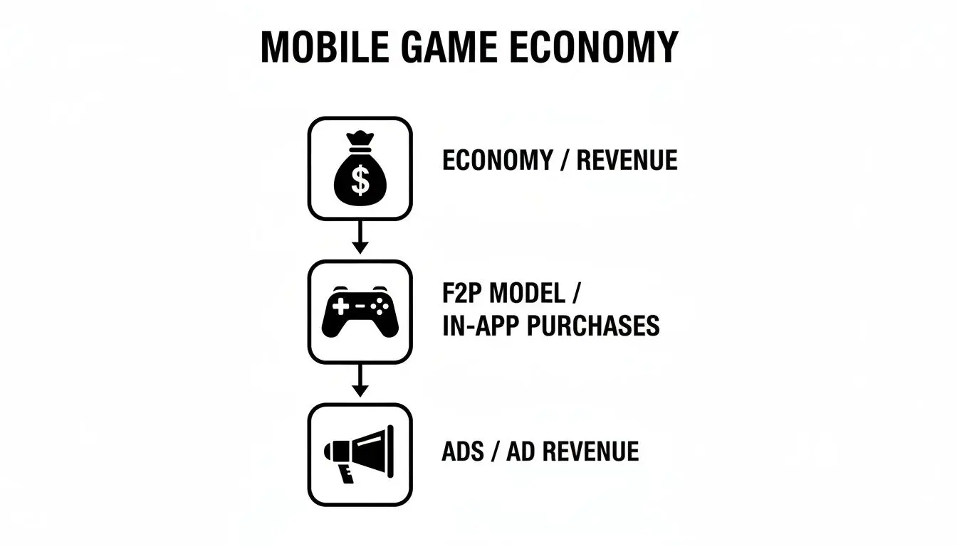 A flowchart titled 'Mobile Game Economy' depicting revenue streams from F2P models, in-app purchases, and ads.