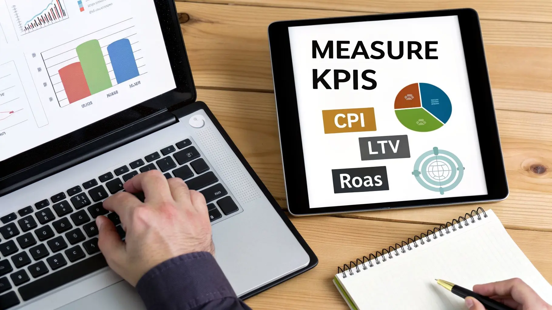 Hands typing on a laptop keyboard and holding a pen, with a tablet displaying KPI metrics.