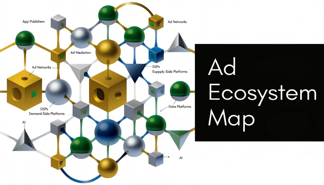 An abstract 3D visualization illustrating the interconnected components of the digital advertising ecosystem map.