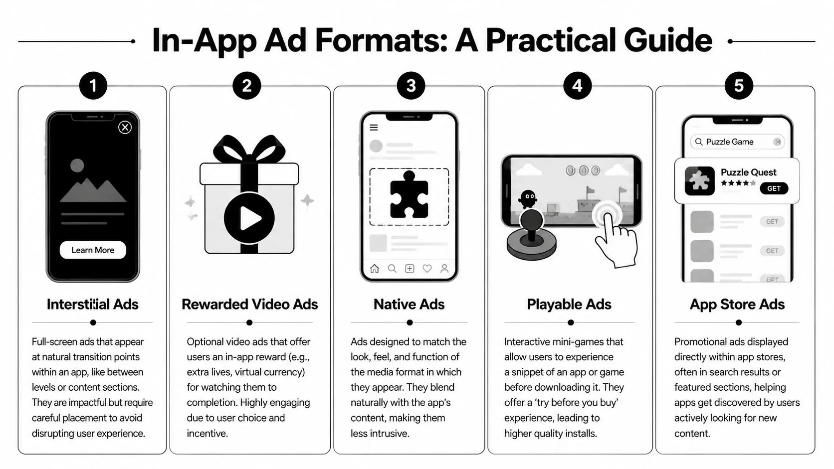 An infographic titled In-App Ad Formats illustrating five different types of mobile application advertisements.