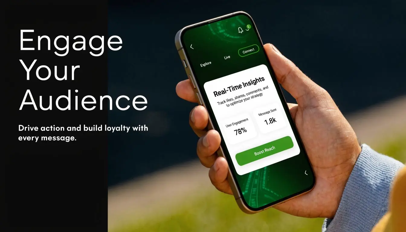 A hand holding a smartphone displaying a mobile marketing analytics app interface for audience engagement.