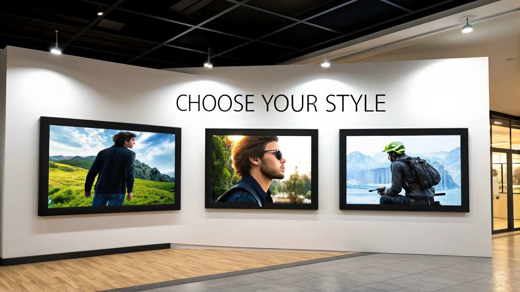 A gallery wall with three framed images showcasing diverse individual styles and outdoor themes.