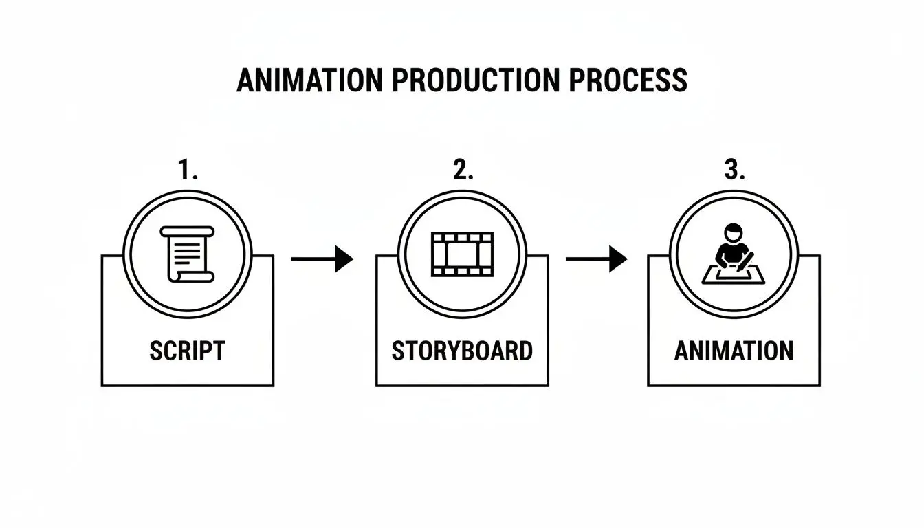 A flowchart illustrating the animation production process, including script, storyboard, and animation steps.