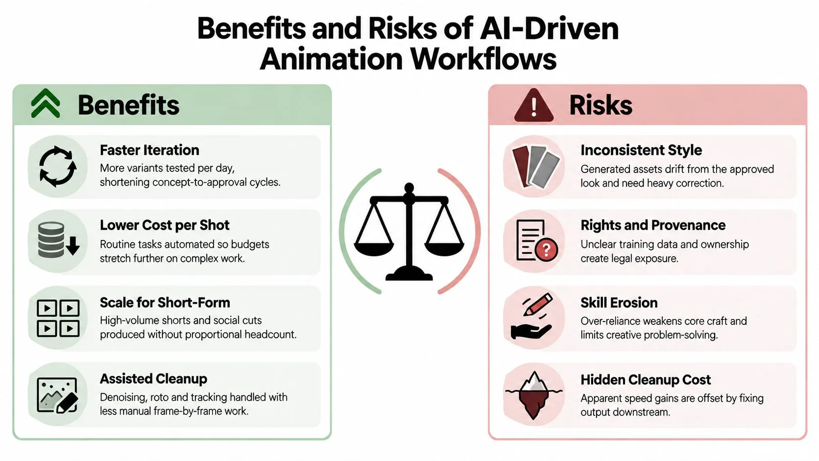 A comparison chart outlining the pros and cons of integrating AI technology into professional animation production workflows.